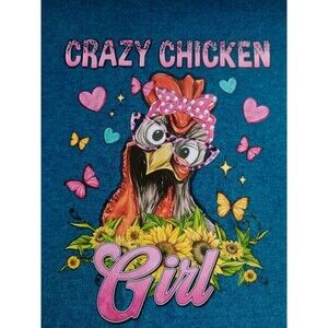 Funny Women's Green SS V-Neck Graphic T-Shirt Crazy Chicken Girl Sz 3XL Handmade